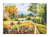 Cumpara ieftin Tablou peisaj cu flori colorate pictat manual, Colt de rai, 70x50cm ulei pe panza, Constantin Feraru