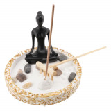 Decoratiune gradina zen in miniatura suport rotund cu statueta in mediatie suport betisoare parfumate si accesorii