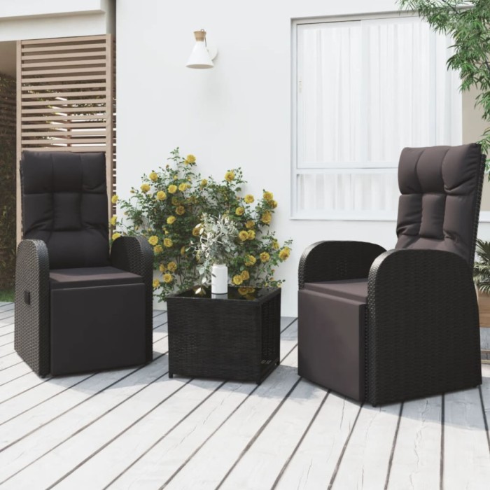 vidaXL Set șezlonguri grădină, 3 piese, negru, poliratan&amp;oțel 3157660