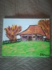 TABLOU PE PANZA CU SASIU NOU 24X30 CM CASA BATRANEASCA PRET 20 LEI PICTOR FLORIAN