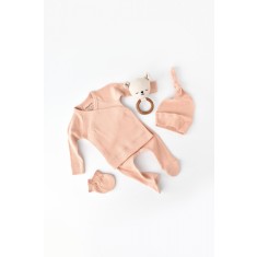 Set 4 piese: bluza, pantaloni, caciulita si manusi din bumbac organic si modal - Piersica, BabyCosy (Marime: 3-6 Luni)