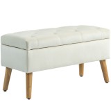HOMCOM Taburet cu Depozitare Catifea Picioare Lemn 80x35x42 cm Crem Banca Dormitor Mobila Living