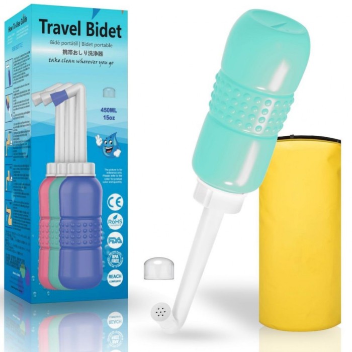 Bideu Portabil, pentru Postpartum/ Postoperator, 450 mL, cu Capac si Husa Galbena, Culoare Recipient Verde