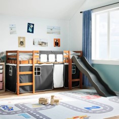 vidaXL Pat etajat de copii perdele, alb/negru 90x190 cm lemn masiv pin foto