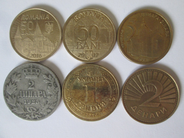 Lot 6 monede colectie:Romania,Serbia,Iugoslavia,Ucraina,Macedonia,vedeti foto
