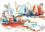 E112. Tablou original, Peisaj semi-abstract, acuarela neinramat, 21x29 cm