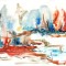 E112. Tablou original, Peisaj semi-abstract, acuarela neinramat, 21x29 cm