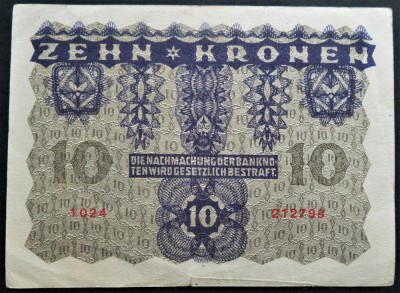 Bancnota istorica 10 COROANE / KRONEN- AUSTRIA, anul 1922 * cod 319 foto