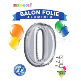 Balon, folie aluminiu, argintiu, cifra 0, 40 cm, China