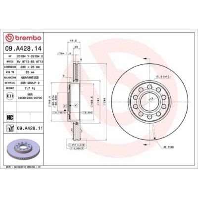 Set disc frana Skoda Superb I (3u4) 12.01-03.08; Vw Passat B5 (3b2) 08.96-12.01, Passat B5.5 (3b3) 10.00-12.05, Fata, 288X25mm, ventilat, BREMBO foto