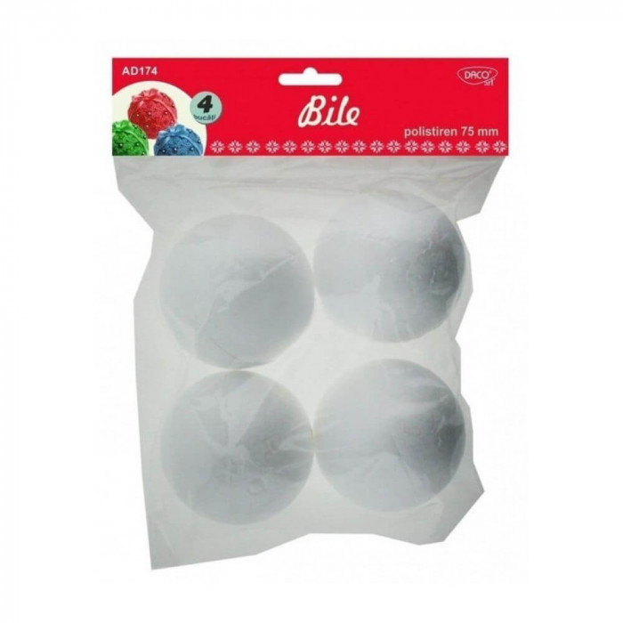 Bile din Polistiren DACO, Dimensiuni 75 mm, 4 Buc/Set, Culoare Alba, Bile de Pictat, Bile din Polistiren, Bile Polistiren Pentru Decorat, Bile Polisti