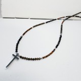 Colier argintiu din turmalina neagra, ochi de tigru si obsidian cu pandativ cruce - protectie energetica