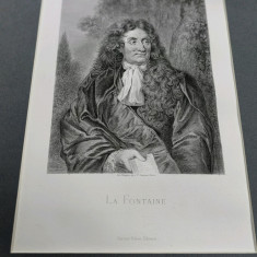 Gravura sec.19, La FONTAINE, Jacques Mangeon, 22x15 cm, ed. Garnier, Paris