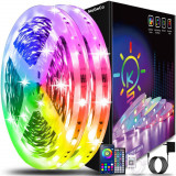 Kit banda LED MaGeCa&reg; 5050 RGB, 10m, Control APP/Bluetooth/Telecomanda, Schimbare Culori Pe Ritmul Muzicii, Intensitate Reglabila, 12V, Multicolor