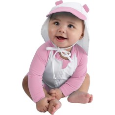 Costum de Baie cu Palarie pentru Bebelusi si Copii, UPF 50+, Protectie Solara Completa, Roz si Alb, Cuddle Club, 3-4 ani Alb | Roz 99-106 CM
