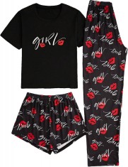 dusa Set pijamale 3 piese pentru femei cu imprimeu in carouri Tricou ?i pantaloni scur?i Set pijama Black Letter Medium foto