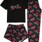 dusa Set pijamale 3 piese pentru femei cu imprimeu in carouri Tricou ?i pantaloni scur?i Set pijama Black Letter Medium