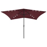Umbrelă de soare cu st&acirc;lp din oțel &amp; LED-uri, roșu bordo, 2x3 m
