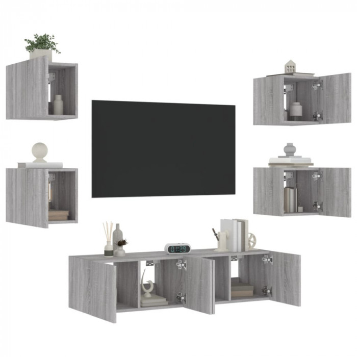 vidaXL Unități de perete TV cu LED-uri, 6 piese, gri sonoma, lemn