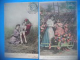 HOPCT 1732 COPII -TCV-ROMANTICA-FRANTA-LOT 2 CARTI POSTALE VECHI-CIRCULATE