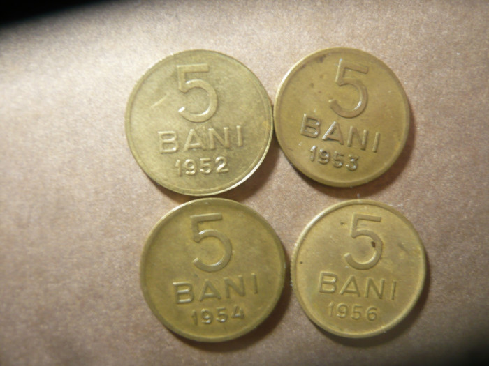 4 Monede 5 bani 1952 , 53 , 54 , 56 RPR , cal. Buna si F.Buna , bronz