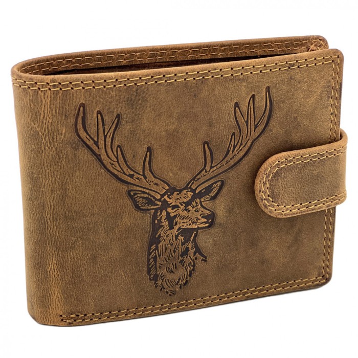 Portofel Piele pentru Barbati, Hunter Brand, Gold Edition, Gravat cu Cerb, Protectie RFID,12x10x2,5 cm