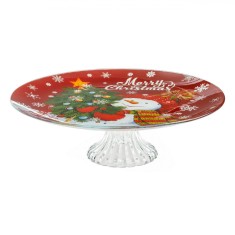 Platou pentru Prajituri, Sticla, Model Om de Zapada cu Brad, Diametru 30 cm, Inaltime 9.5 cm, Rosu