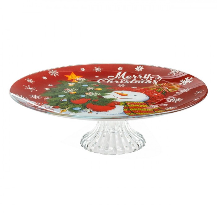 Platou pentru Prajituri, Sticla, Model Om de Zapada cu Brad, Diametru 30 cm, Inaltime 9.5 cm, Rosu