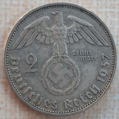 (A641) MONEDA DIN ARGINT GERMANIA - 2 REICHSMARK MARK 1937, LIT. A, NAZISTA foto