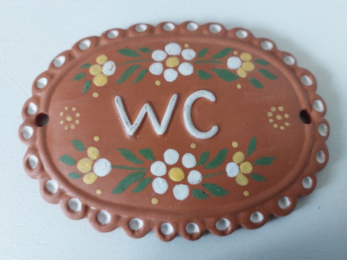 * Placa ceramica semn WC, pictata cu motive florale, 10x7cm