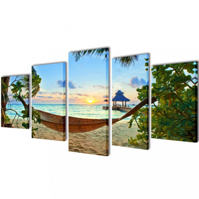 Set tablouri din p&amp;acirc;nză cu imprimeu plajă cu nisip și hamac, 200x100 cm foto