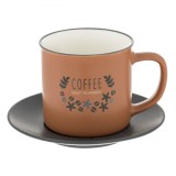 Set Cești și Farfurii, Model Coffee, Culoare Roșu Cărămiziu și Gri, Capacitate 280ml, Potrivite pentru Mașina de Spălat Vase și Cuptorul cu Microunde