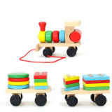 Trenulet lemn, jucarie educativa Montessori, cu forme geometrice, multicolor,