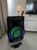 Boxă portabila activă WAINER SK04, 100W RMS, Bluetooth, microfon wireless, difuzor 15 inch, baterie 3000mAh, radio FM, lumini RGB și m&acirc;ner tip troller