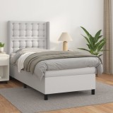 VidaXL Pat box spring cu saltea, alb, 90x190 cm, piele ecologică