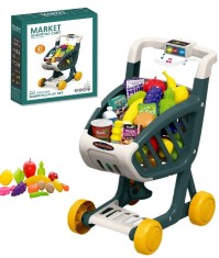 Cos de cumparaturi supermarket pentru copii cu sunete si lumini WePro Store, 41 de accesorii, fructe, legume, bani, 3 ani +