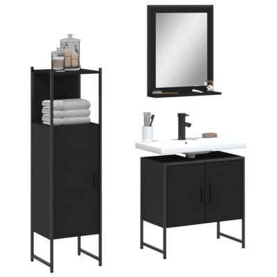 Set dulapuri de baie, 3 piese, negru, lemn prelucrat foto