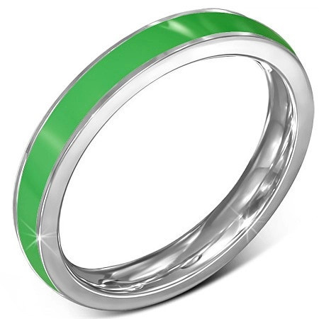Inel subțire din oțel - verighetă, f&acirc;șie verde, margine argintie - Marime inel: 51