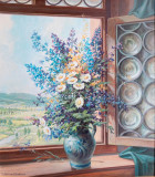 Heinz Wolf-Cană cu flori &icirc;n fereastră medievală - pictură de colecţie, Ulei, Realism