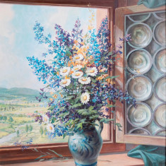 Heinz Wolf-Cană cu flori în fereastră medievală - pictură de colecţie
