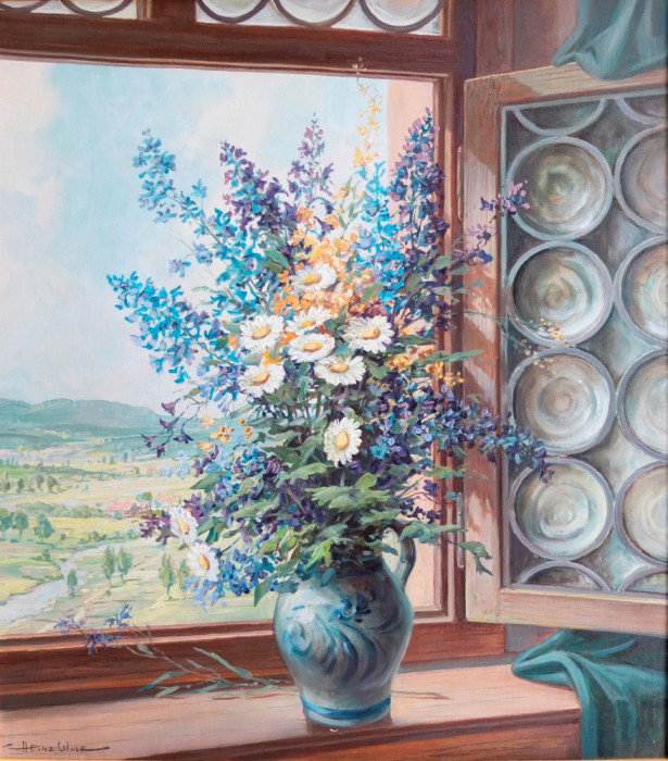 Heinz Wolf-Cană cu flori &icirc;n fereastră medievală - pictură de colecţie
