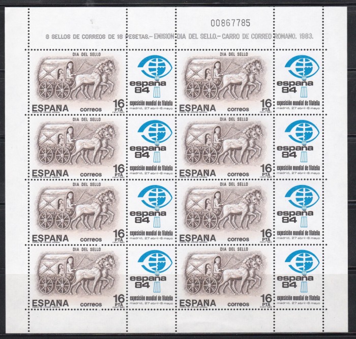 Spania 1983-Ziua Timbrului-Expo. Internationala Filatelica ESPANA 84,MC de 8,MNH