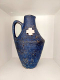 Ulcica / vaza ceramica hand-made studio art, gresie, albastru cu cruci alb