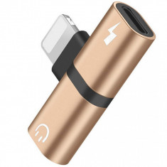 Mini Adaptor Lightning Splitter iUni dual port, pentru casti si incarcare iPhone, Gold foto