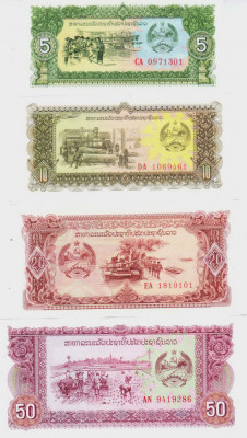 Bancnota Laos 5, 10 ,20 si 50 Kip (1979) - P26-29 UNC ( set x4 - 3 replacement ) foto