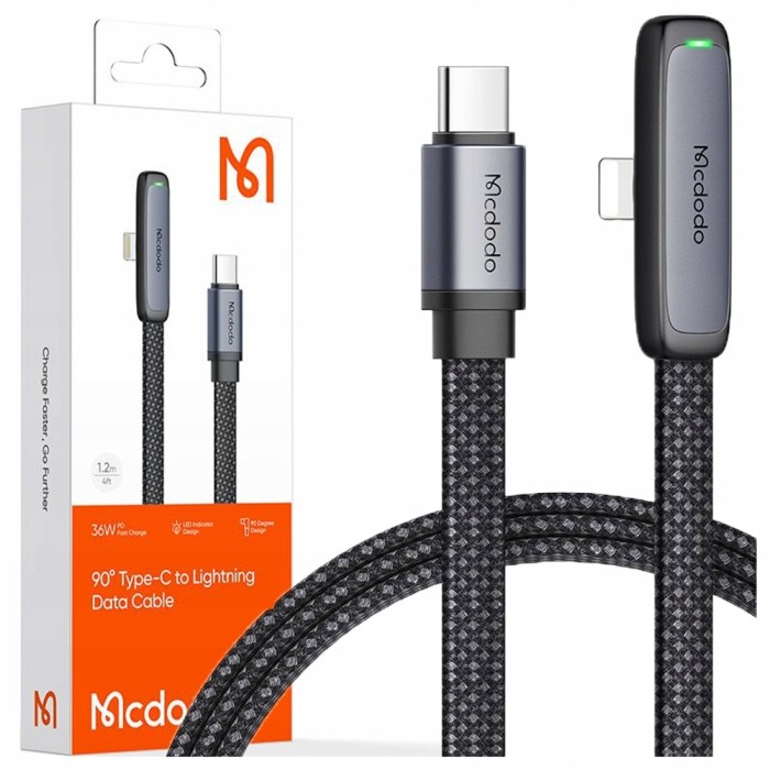 Mcdodo Unghi Cablu Usb-C Fulger Plat 36W Pentru Iphone 12 13 14 Negru 1M