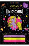 Carte cu unicornii pentru colorat si creat, 16 pagini, set cu 3 carioci neon, ilustratii alb-negru