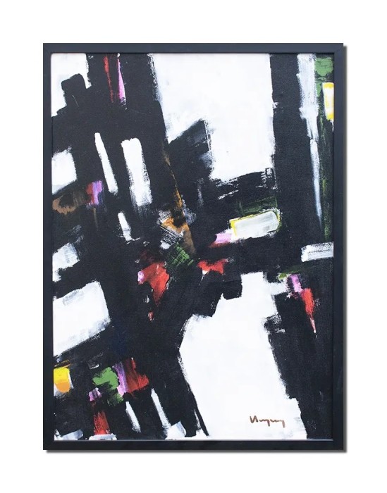 Tablou abstract inramat pictat manual, Sinergie, 75x55cm ulei pe panza, rama din lemn, Geo Ungureanu