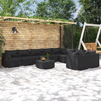 vidaXL Set mobilier de grădină cu perne, 10 piese, negru, poliratan foto