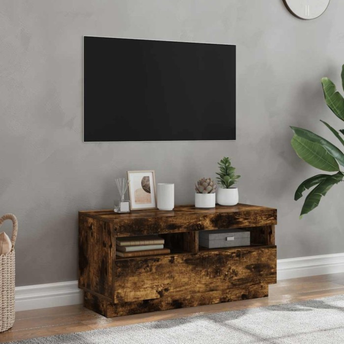 vidaXL Comodă TV cu lumini LED, stejar fumuriu, 80x35x40 cm